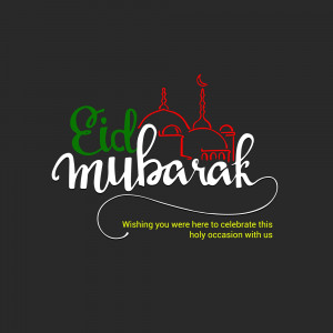 Eid Mubarak text with mosque illustration