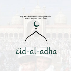 Eid-al-Adha greeting card with mosque background and crescent moon