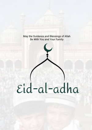 Eid-al-Adha greeting card with a crescent moon and mosque silhouette