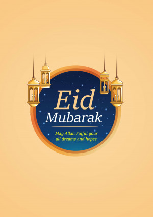 Eid Mubarak greeting card with lanterns and text