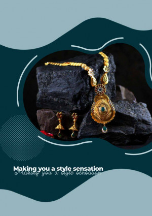 Close-up of a gold necklace and earring set displayed on a dark stone surface with abstract teal shapes.