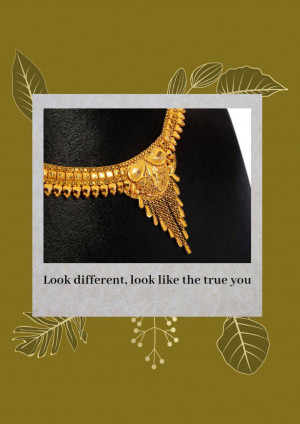 Close-up of a beautiful gold necklace on a black velvet background with floral accents.