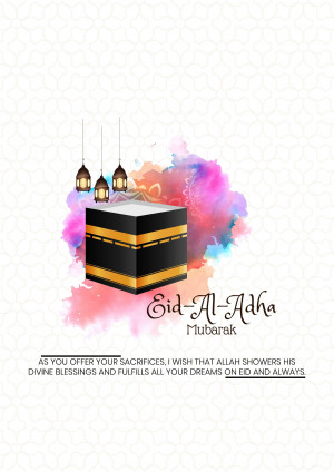 Eid Al-Adha greeting card with Kaaba and watercolor splash