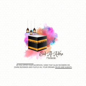 Eid Al-Adha greeting card with Kaaba and watercolor splash