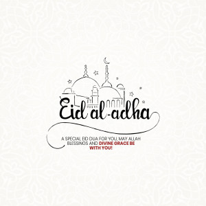 Eid al-Adha greeting card with mosque silhouette and calligraphy