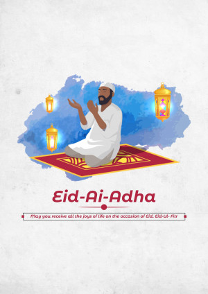 Illustration of a man praying on a rug with Eid-Al-Adha greetings.
