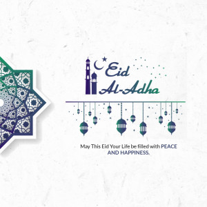 Eid Al-Adha greeting card with mosque silhouette and lanterns
