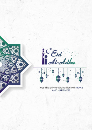Eid Al-Adha greeting card with Islamic geometric patterns and lanterns