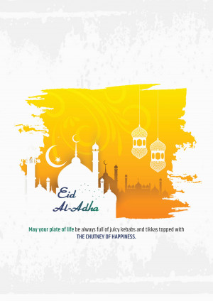 Eid Al-Adha illustration with mosque, lanterns, and crescent moon