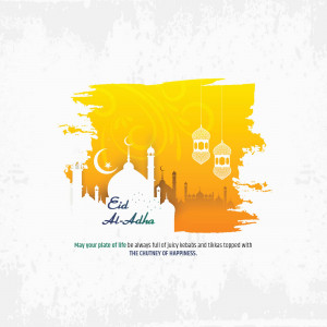 Eid Al-Adha greeting card with mosque silhouette and festive decorations