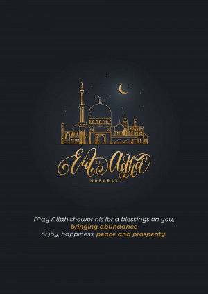 Golden illustration of a mosque and crescent moon with 'Eid Al-Adha Mubarak' text on a dark background.