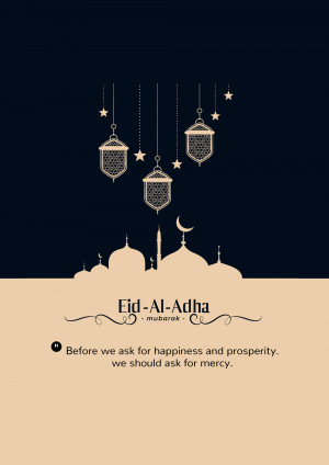 Eid-Al-Adha greeting card with lanterns and mosque silhouette