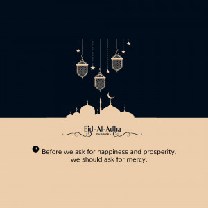 Eid Al-Adha greeting with lanterns, mosque silhouette, and crescent moon
