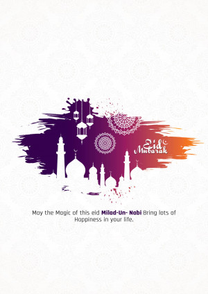 Eid Milad-Un-Nabi Mubarak card with mosque silhouette and decorative elements
