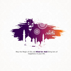Eid Milad-Un-Nabi Mubarak card with mosque silhouette and decorative elements