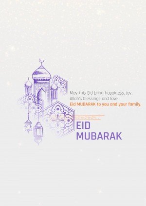 Eid Mubarak card with mosque illustration and lanterns