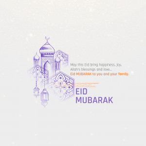 Eid Mubarak greeting with mosque illustration and calligraphy
