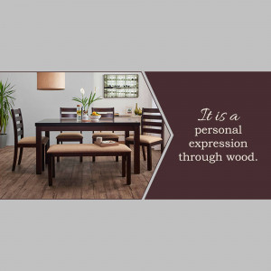 A well-lit dining room featuring a dark wood table and chairs with a neutral color scheme.