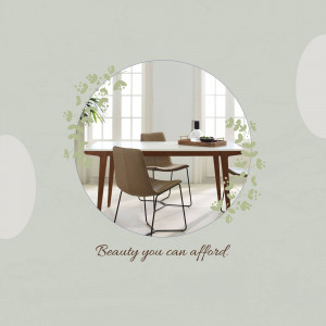 A modern dining room setup with a wooden table and chairs, framed within a circular design.