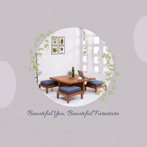 A minimalist dining set with a square table and four stools, framed within a circular design with floral accents.