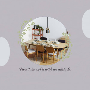 A circular image showcasing a modern dining room with a wooden table and chairs.