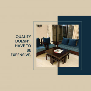 Living room with a sofa, coffee table, and the text 'Quality doesn't have to be expensive.'