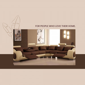 A modern brown and beige sectional sofa in a living room setting.