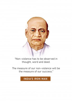Portrait of Sardar Vallabhbhai Patel with a quote about non-violence