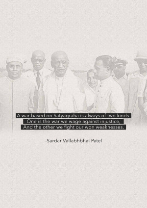 Black and white image of Sardar Vallabhbhai Patel with a quote about Satyagraha.