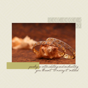 Close-up of gold bangles resting on a seashell