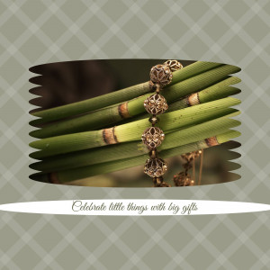 Close-up of a gold and brown bracelet resting on green leaves