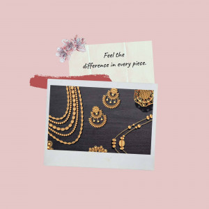 Close-up of golden jewelry pieces arranged in a polaroid frame with floral accents.
