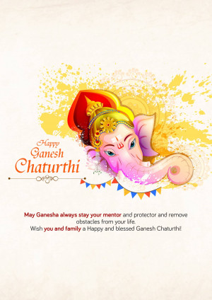 Illustration of Lord Ganesha with a yellow and pink color scheme and festive decorations