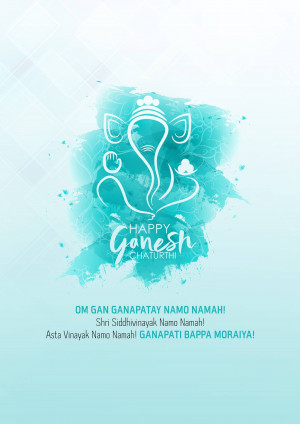 Ganesh Chaturthi greeting card with a white Ganesha illustration on a blue watercolor background.