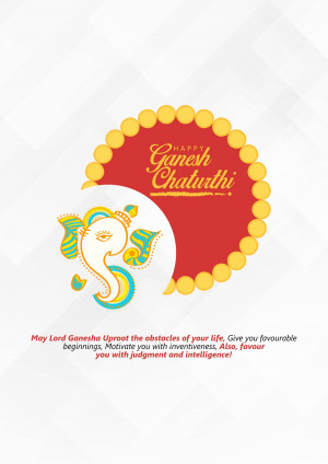 Ganesh Chaturthi greeting card with Ganesha's face and festive decorations