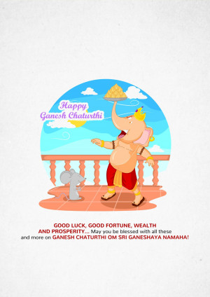 Cartoon illustration of Lord Ganesha with a mouse and sweets