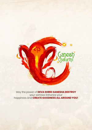 Abstract red brushstroke forming an elephant head with 'Ganesh Chaturthi' text.