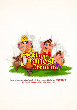 Colorful illustration of Lord Ganesha with family and festive decorations for Ganesh Chaturthi