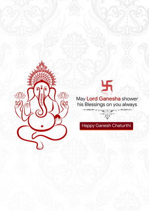 Red illustration of Lord Ganesha with a Swastika symbol and festive text.