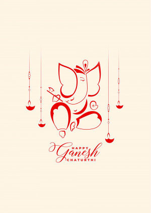Red line art of Lord Ganesha with decorative elements and text 'Happy Ganesh Chaturthi'