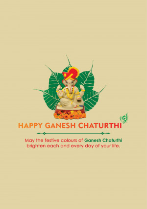 Ganesh idol with leaves and festive text