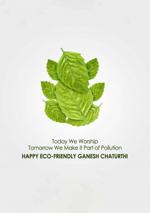 Green leaves arranged to resemble a deity with text promoting an eco-friendly Ganesh Chaturthi