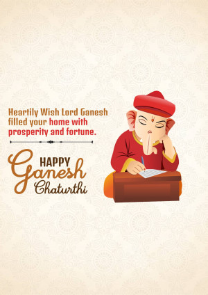 Illustration of Lord Ganesha writing on a desk with a festive greeting.