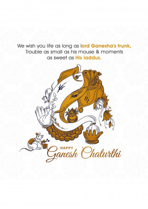 Illustration of Lord Ganesha with a mouse and sweets, with a festive greeting.