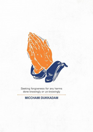Illustration of praying hands with the text 'Micchami Dukadam'