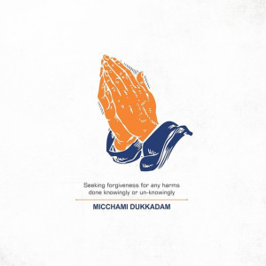 Illustration of praying hands with the text 'Michhami Dukadam'