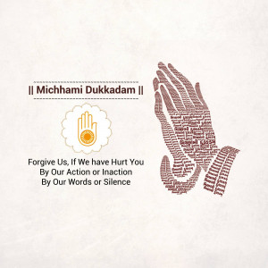 Image depicting praying hands with text 'Michhami Dukkadam' and a message of forgiveness.