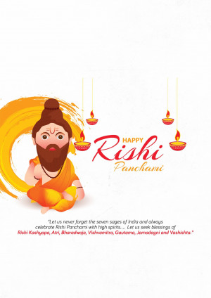 Illustration of a Rishi (sage) with a golden halo and oil lamps, celebrating Rishi Panchami.