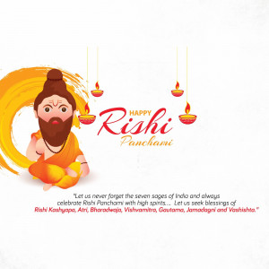 Illustration of a Rishi with lamps and text 'Happy Rishi Panchami'