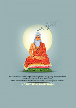 Illustration of a sage in a meditative pose with a quote and text 'Happy Rishi Panchami'